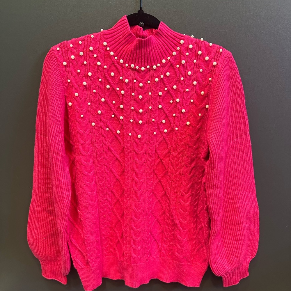 Hot Pink Mock Neck Sweater with Pearl Accents |‎ Medium | NWT